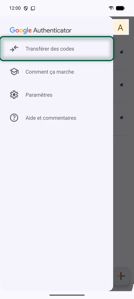 Menu de Google Authenticator avec Transférer des codes mis en évidence