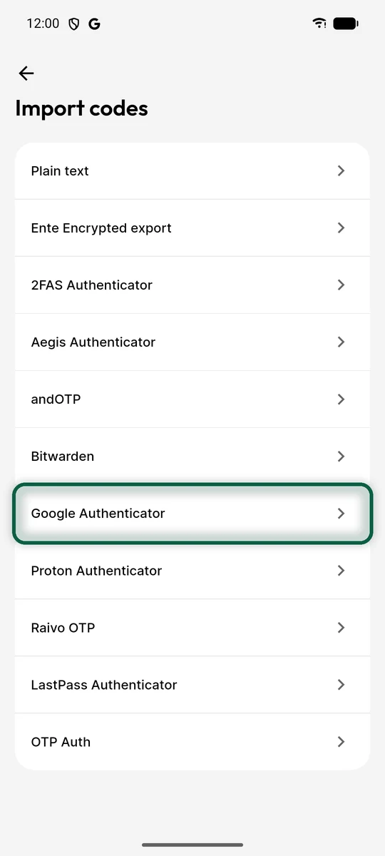 Écran d'import d'Ente Auth avec l'option Google Authenticator mise en évidence