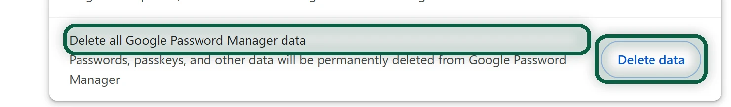 Google Password Manager settings with Delete all Google Password Manager data highlighted in red