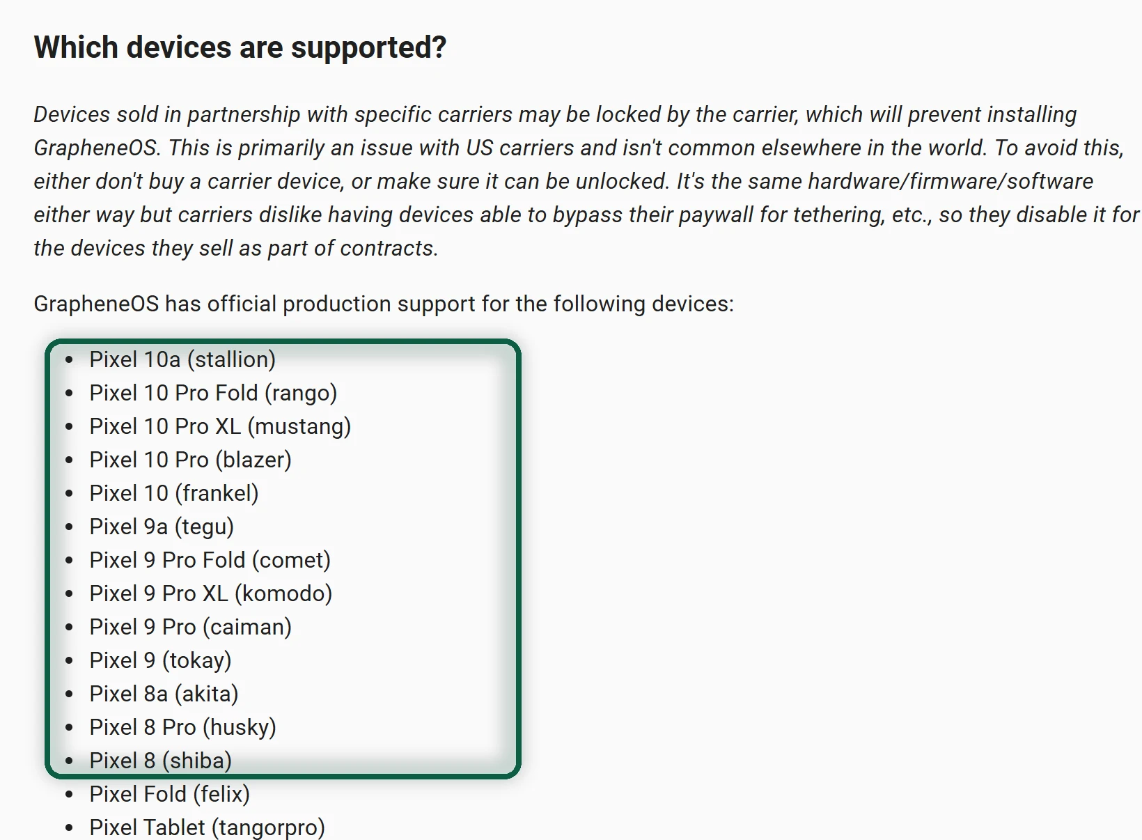 GrapheneOS FAQ device support table with the rows for Pixel 8 through Pixel 10a highlighted