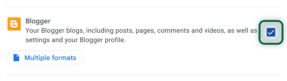 Google Takeout product list with only Blogger ticked and the Next step button highlighted