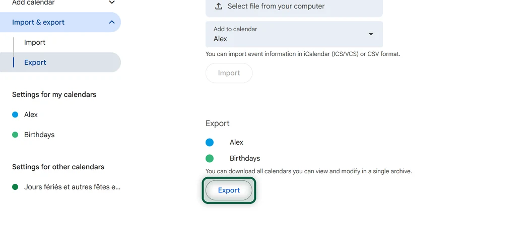 Paramètres de Google Agenda ouverts sur Importer et exporter, avec le bouton Exporter mis en évidence