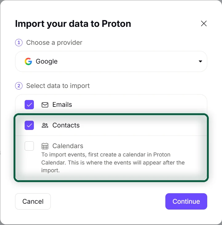 Fenêtre d'import d'Easy Switch pour Google chez Proton, avec les contacts cochés et les calendriers grisés tant qu'aucun calendrier Proton n'existe