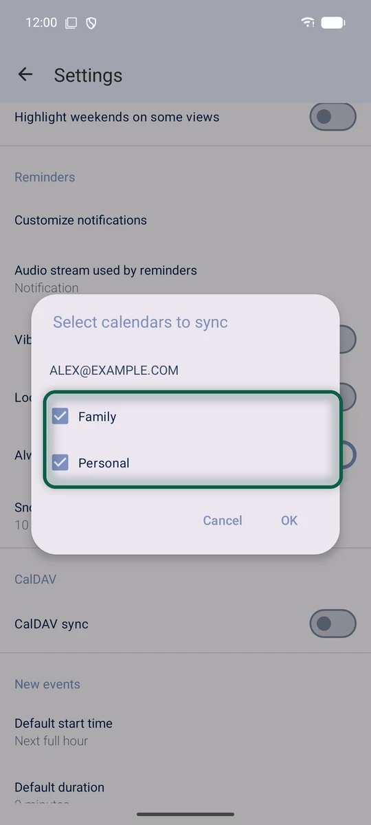 Réglages de Fossify Calendar avec la synchronisation CalDAV activée et les nouveaux agendas cochés
