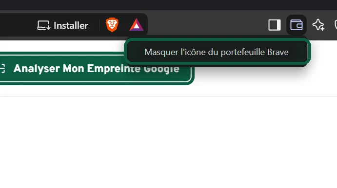 Barre d'outils de Brave avec le menu du clic droit ouvert sur l'icône du portefeuille et l'option Masquer l'icône du portefeuille Brave mise en évidence