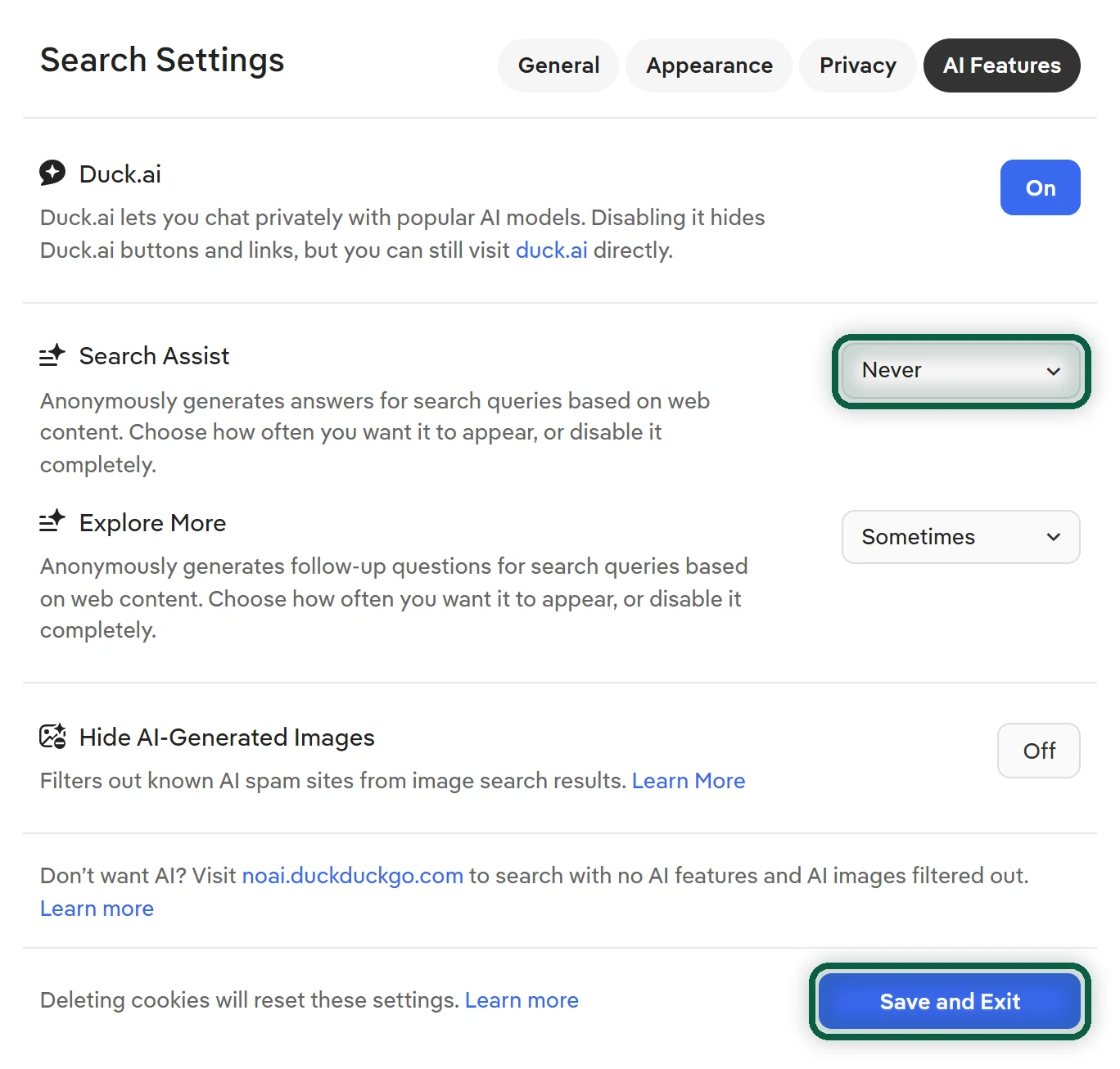 DuckDuckGo Search Settings, AI Features section, with the Search Assist dropdown set to Never and Save and Exit highlighted