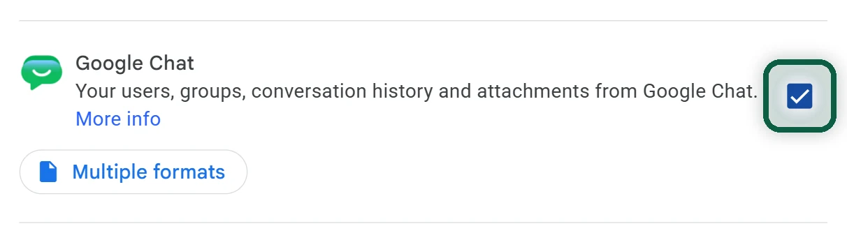 Google Takeout product list with only Google Chat ticked and the Next step button highlighted