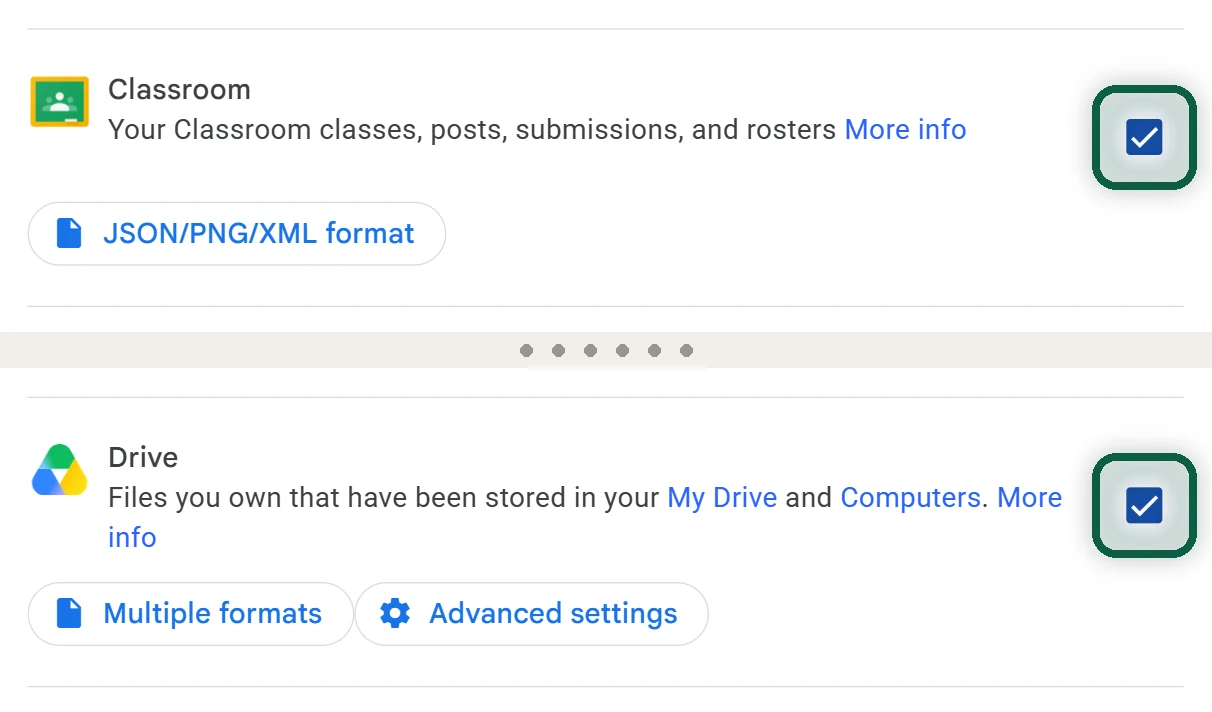 Google Takeout product list with only Classroom and Drive ticked