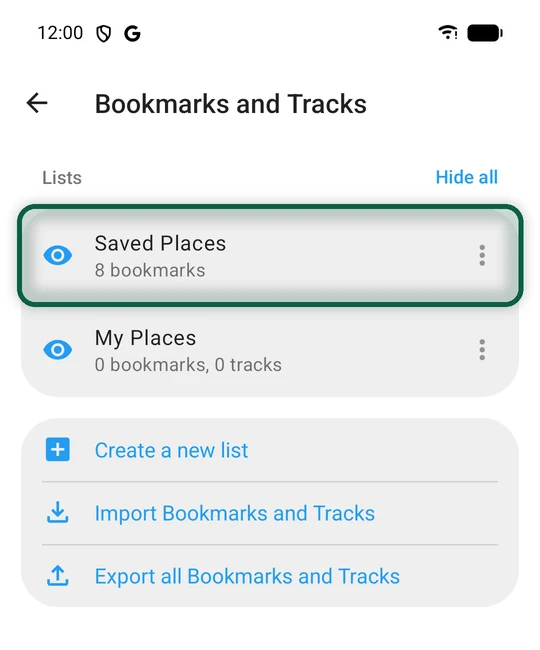 Organic Maps affichant la liste créée à partir du fichier Saved Places.json de Google, avec le nom de la liste et le nombre de lieux mis en évidence