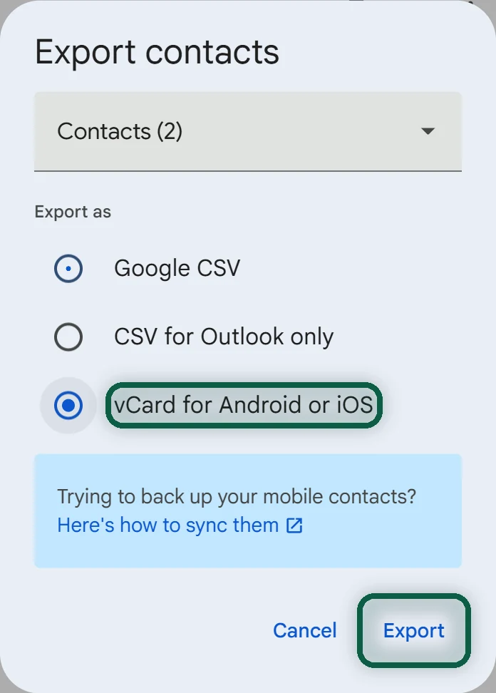 Fenêtre d'export de Google Contacts avec le format vCard sélectionné et le bouton Exporter mis en évidence