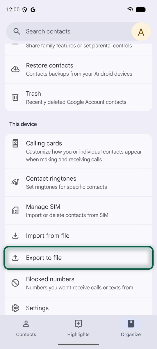 Appli Contacts d'Android sur l'onglet d'organisation (Organize), avec l'export vers un fichier mis en évidence