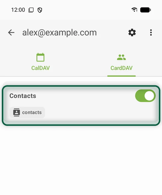 Écran du compte dans DAVx⁵ avec le carnet d'adresses CardDAV coché pour la synchronisation