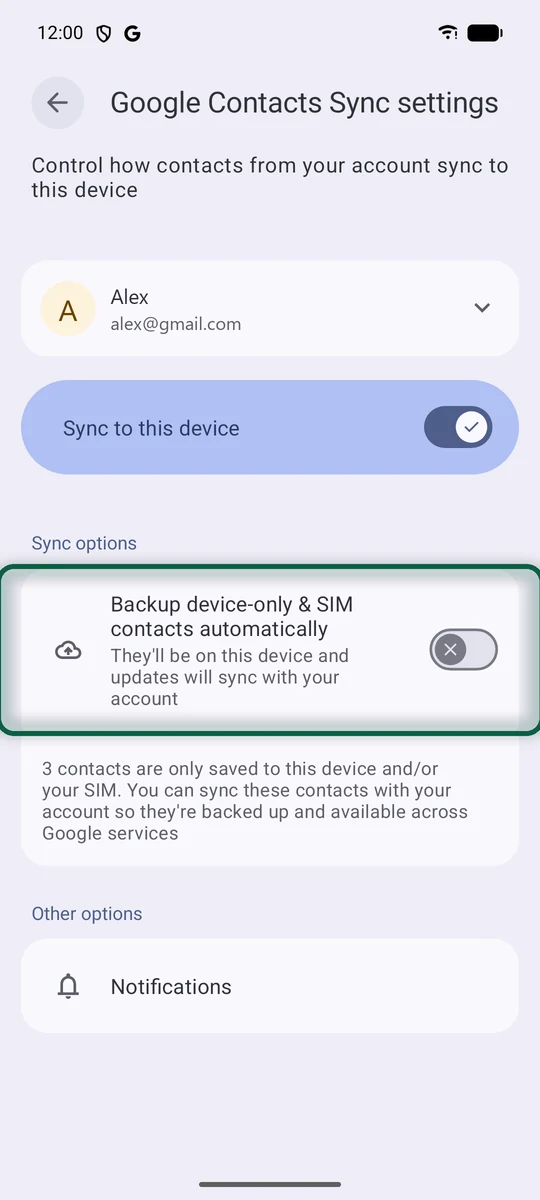 Réglages de synchronisation de Google Contacts avec la synchronisation automatique des contacts de l'appareil et de la carte SIM désactivée