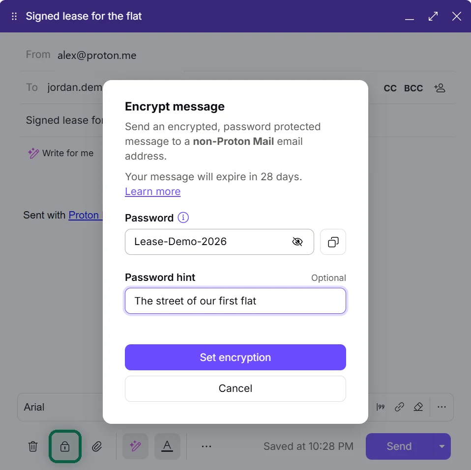 Fenêtre de rédaction de Proton Mail adressée à un utilisateur de Gmail, avec l'icône du cadenas mise en évidence et la fenêtre de chiffrement du message, qui montre le mot de passe, l'indice et l'expiration à 28 jours