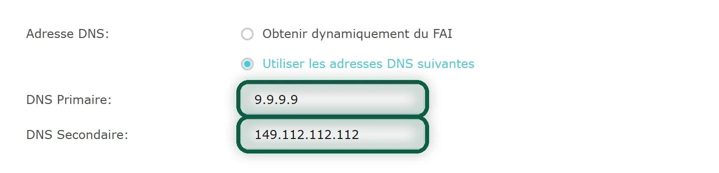Page des réglages DNS d'une box, avec les deux adresses de Quad9 saisies dans les champs des serveurs DNS
