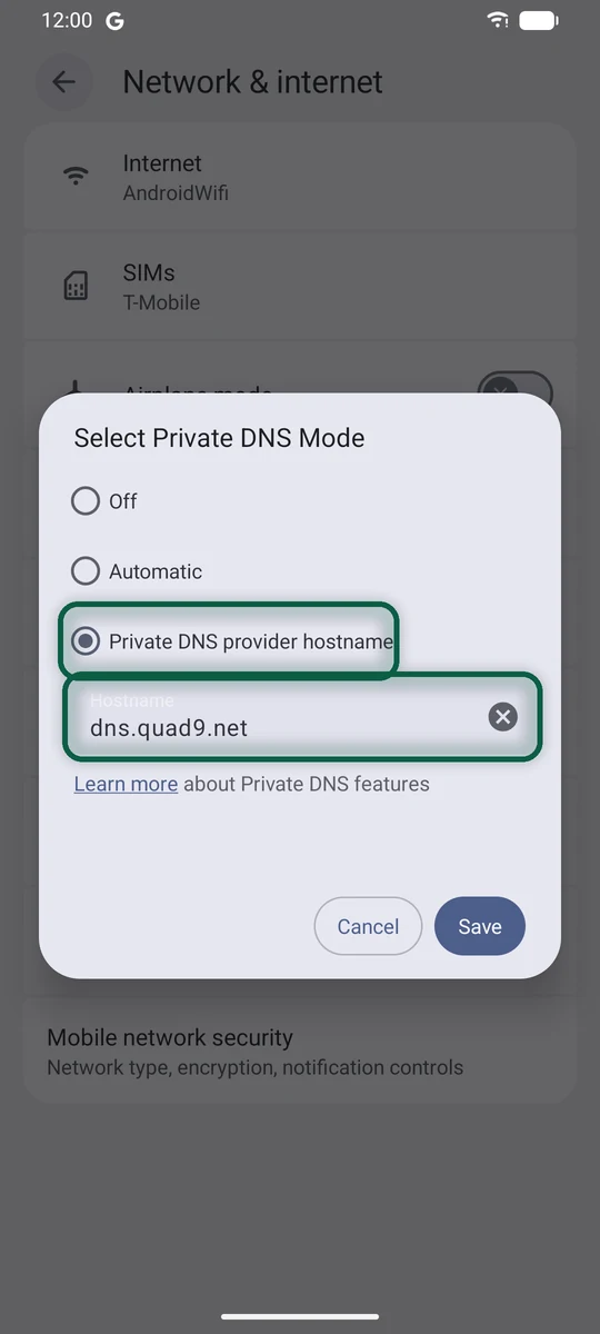 Fenêtre DNS privé d'Android avec Nom d'hôte du fournisseur DNS privé sélectionné et dns.quad9.net saisi