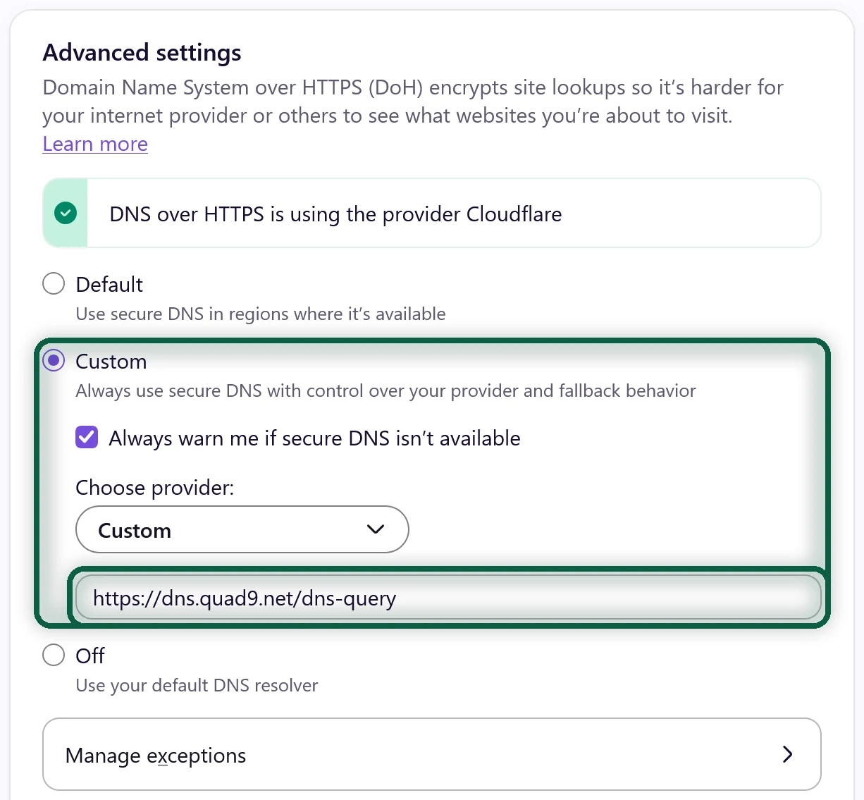Firefox Privacy and Security settings with DNS over HTTPS set to Max Protection and a custom Quad9 address entered