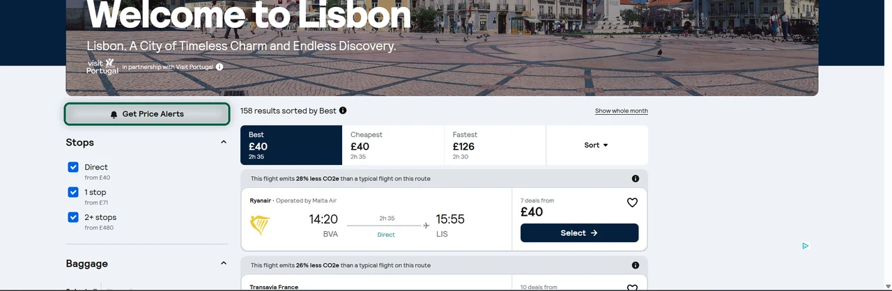 Résultats de recherche Skyscanner avec la cloche d'alerte de prix de la recherche mise en évidence