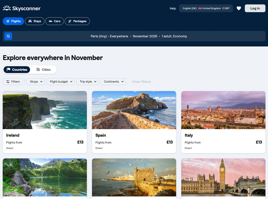 Recherche Partout de Skyscanner au départ de Paris, avec les pays de destination classés du moins cher au plus cher
