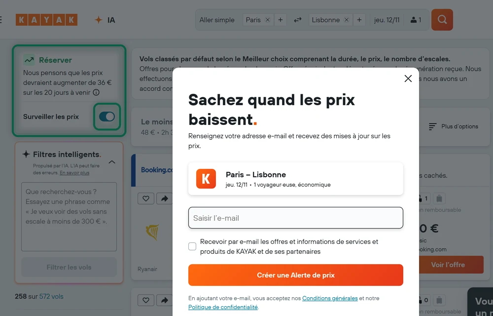 Résultats de vols KAYAK avec l'interrupteur Surveiller les prix activé, le conseil Réserver de la prévision de prix visible et la fenêtre de création d'une alerte de prix