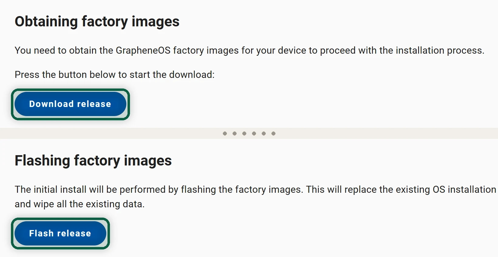 Installateur web GrapheneOS avec les boutons Download release puis Flash release mis en évidence dans l'ordre