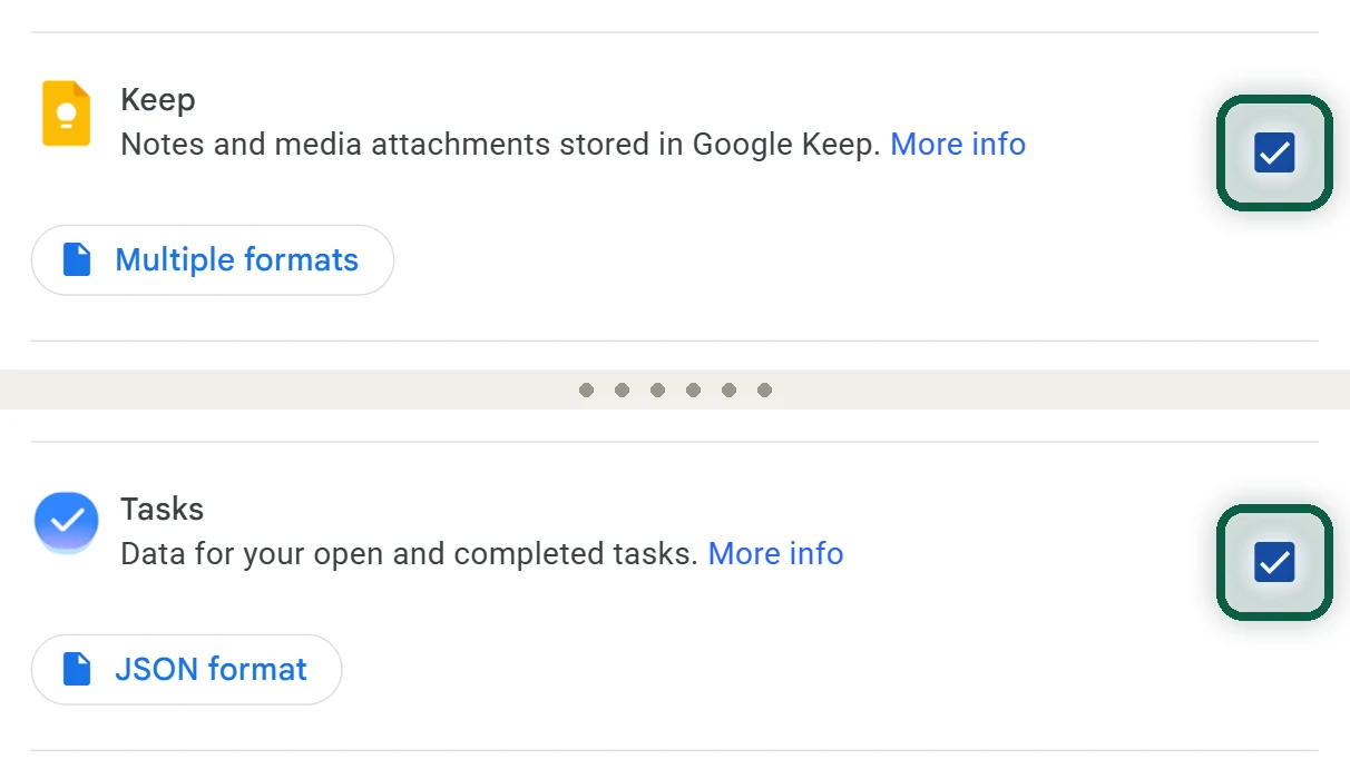 Google Takeout product list with only Keep and Tasks ticked