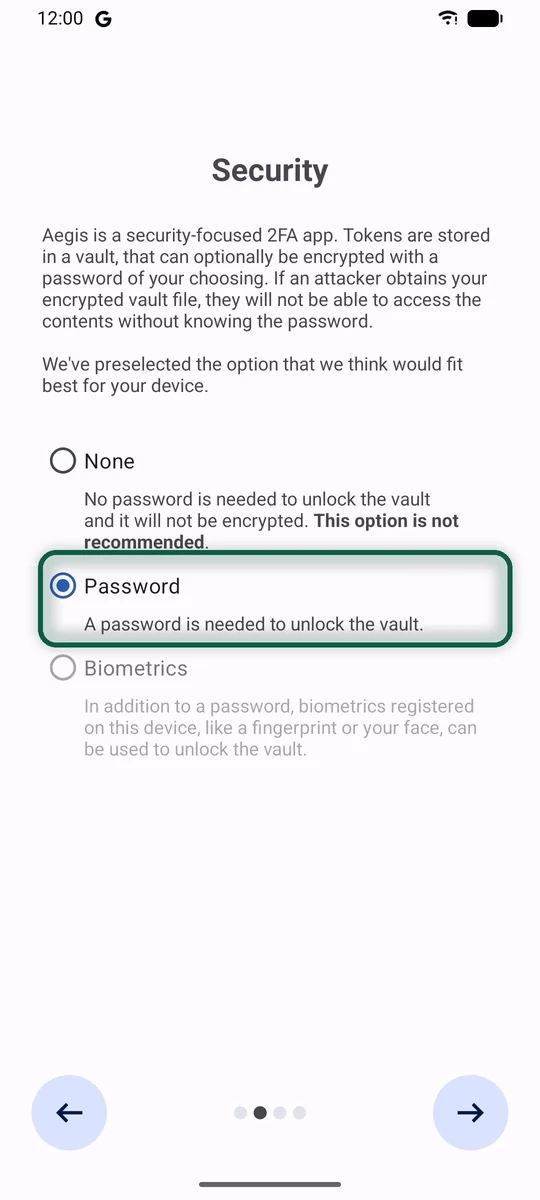 Aegis setup Security screen with the Password, Biometrics and None options, and Password selected
