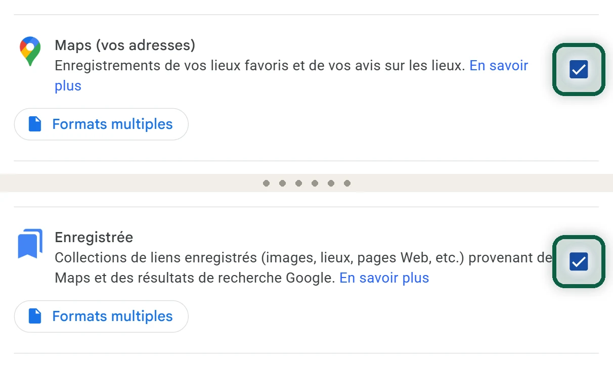Liste des produits de Google Takeout avec seulement Maps (vos adresses) et les éléments enregistrés cochés