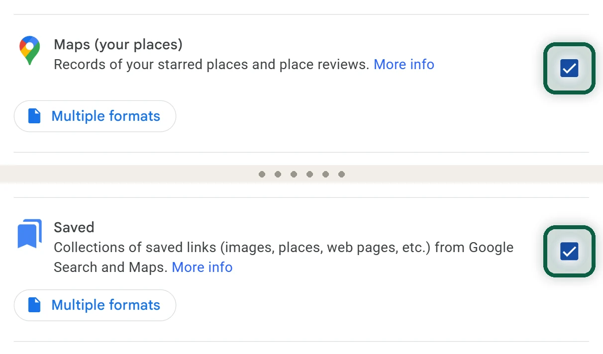 Google Takeout product list with only Maps (your places) and Saved ticked