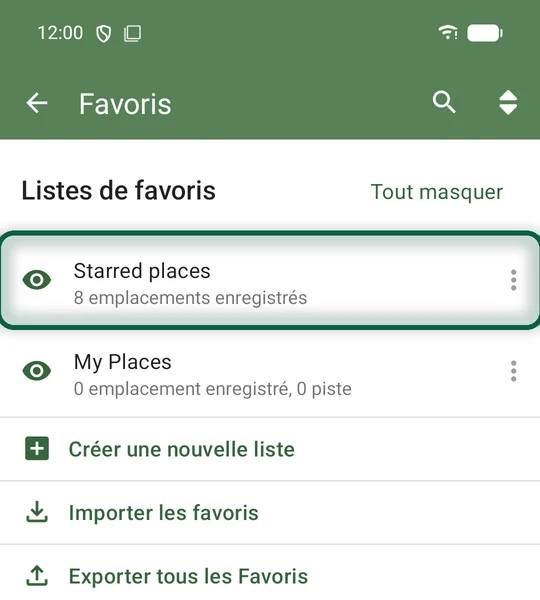 Écran Favoris de CoMaps montrant la liste importée depuis le fichier Google Maps converti