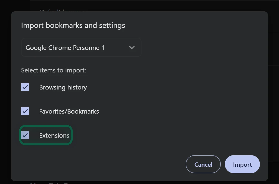 Brave import dialog with Chrome selected and the Extensions checkbox highlighted among the data types