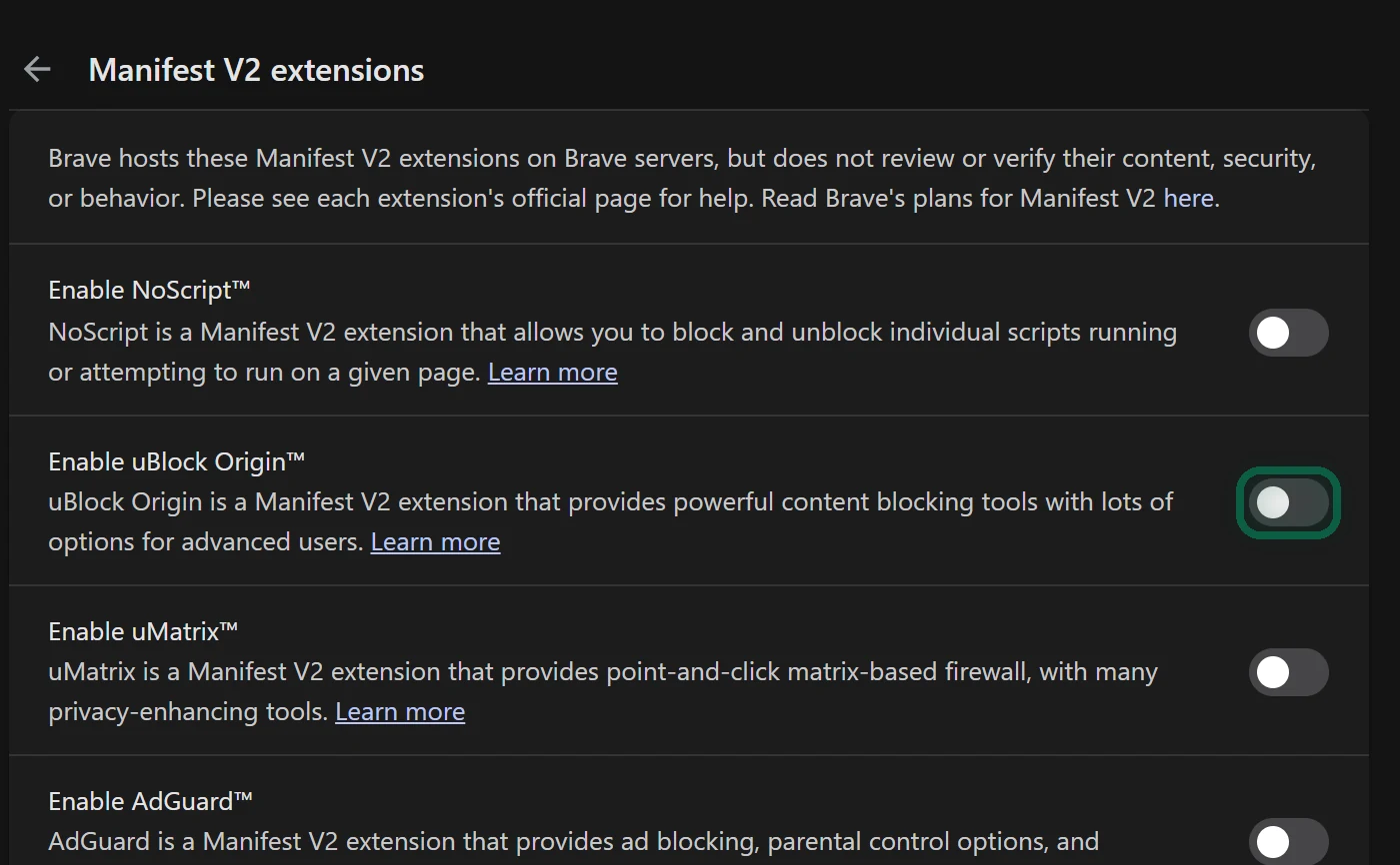 Brave Manifest V2 extensions settings page listing the four Brave-hosted extensions, with the uBlock Origin switch highlighted