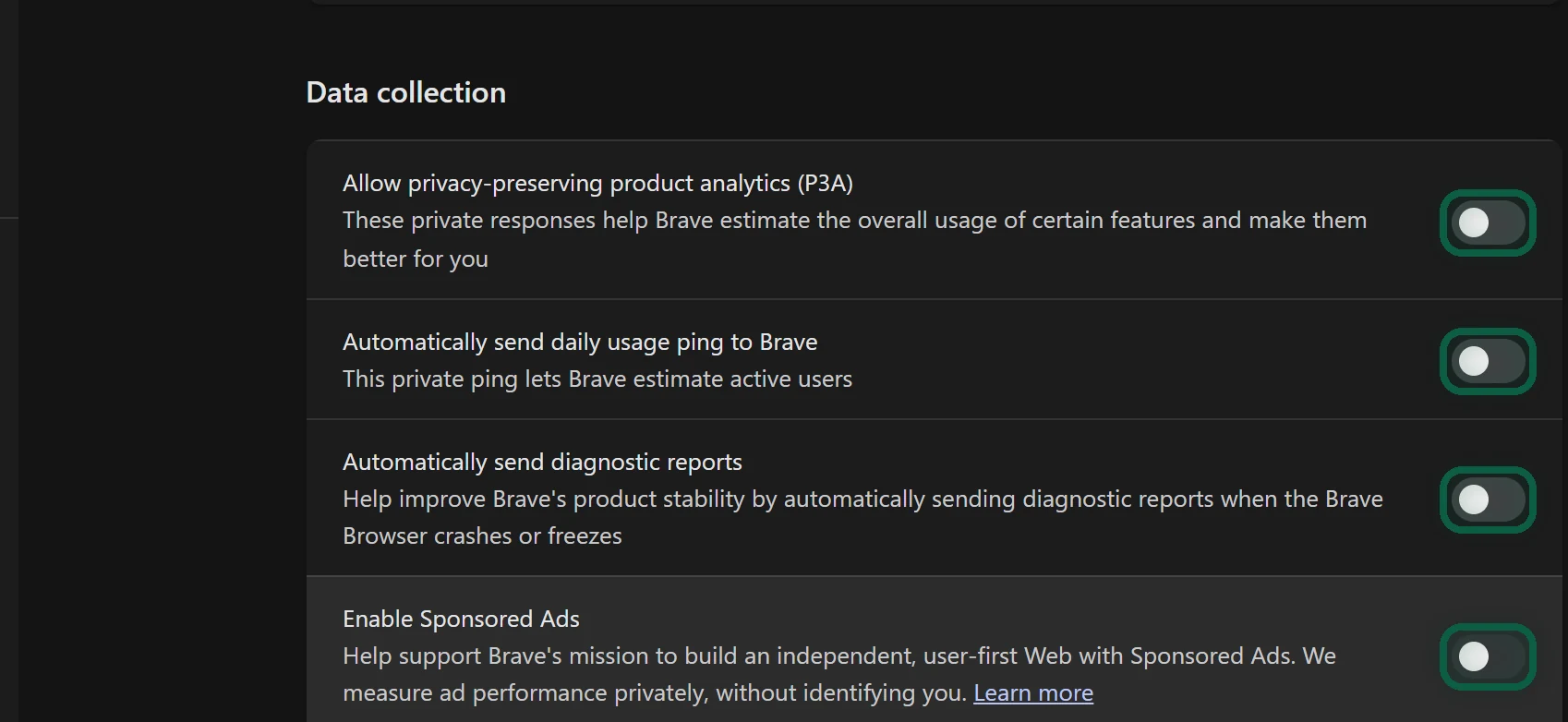 Brave Settings, Privacy and security, Data collection section with the diagnostic reports, P3A and daily usage ping switches all turned off