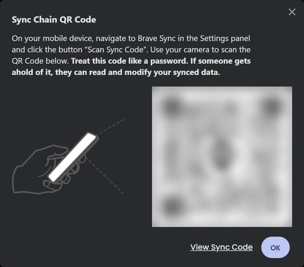Brave Sync setup showing the Sync Chain QR Code for a phone, with the warning to treat the code like a password