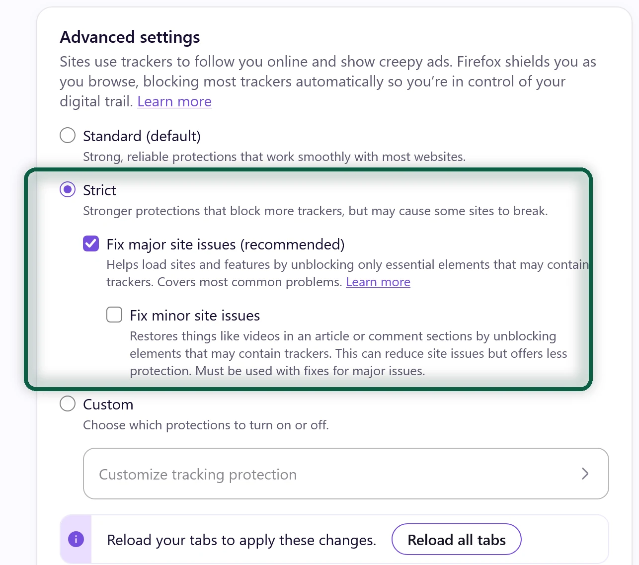 Firefox Settings with Enhanced Tracking Protection showing the Standard, Strict and Custom options, with Strict highlighted
