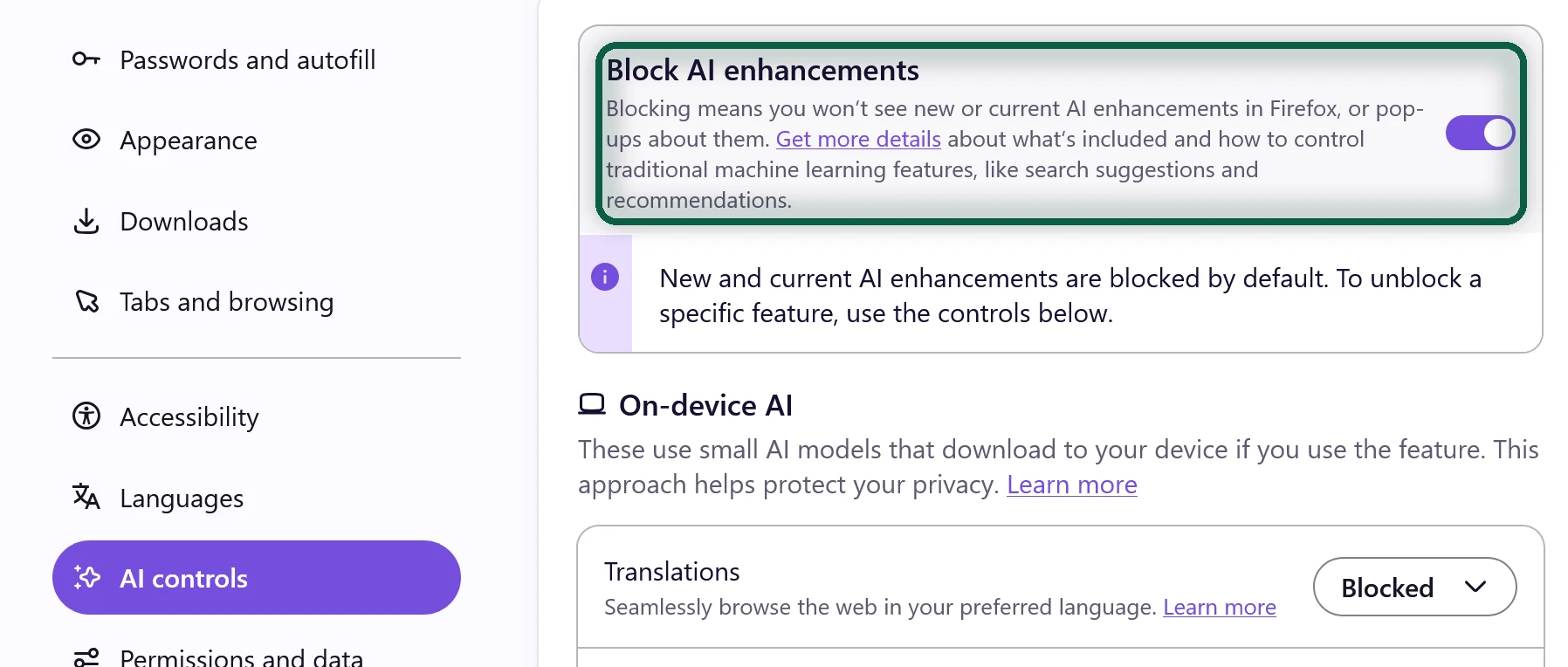 Firefox Settings, AI Controls panel, with the Block AI enhancements toggle switched on