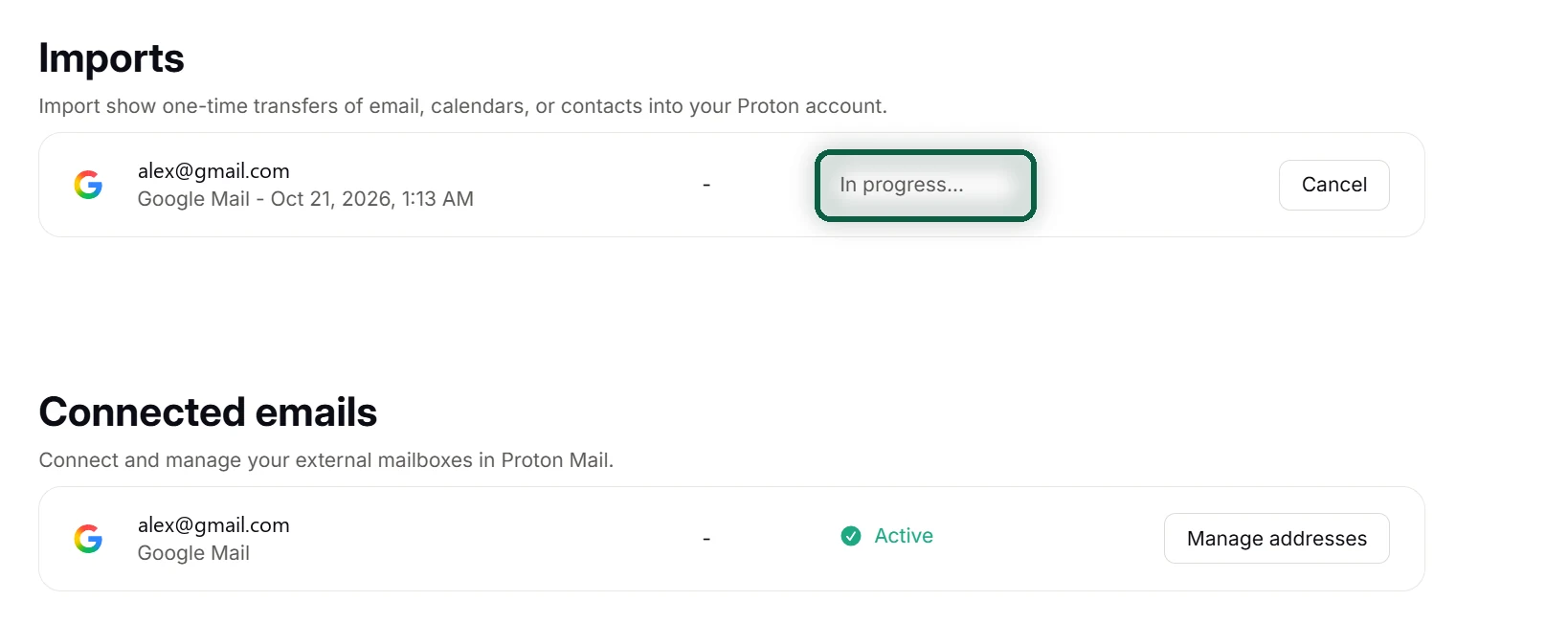 Page Importer avec Easy Switch de Proton Mail, avec un import Gmail en cours mis en évidence et l'adresse Gmail listée sous les e-mails connectés