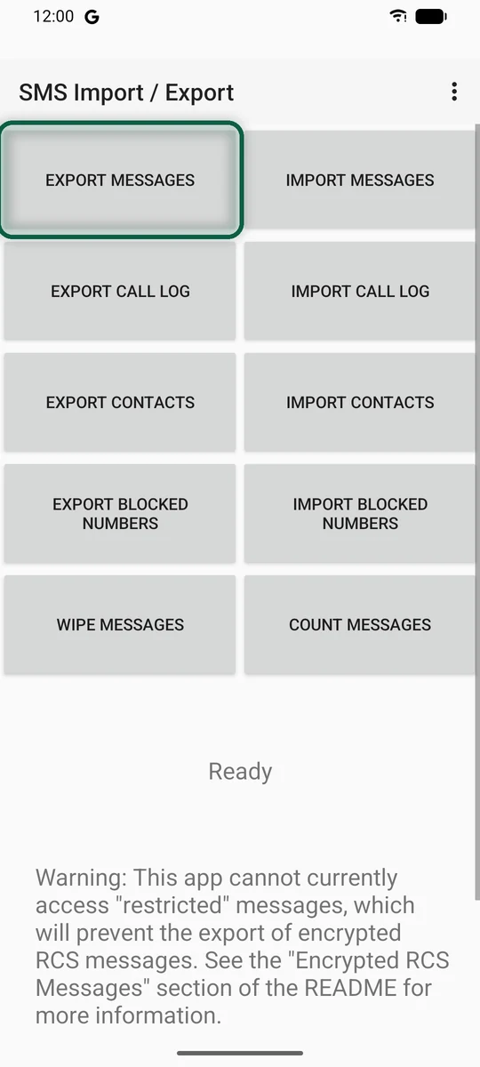 Écran principal de SMS Import / Export avec l'option d'export des messages mise en évidence
