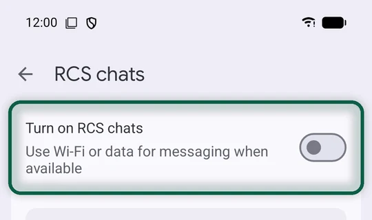 Paramètres de Google Messages ouverts sur Chats RCS, avec les chats RCS désactivés