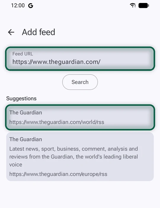 Feeder on Android adding a feed by pasting a news site's home page address