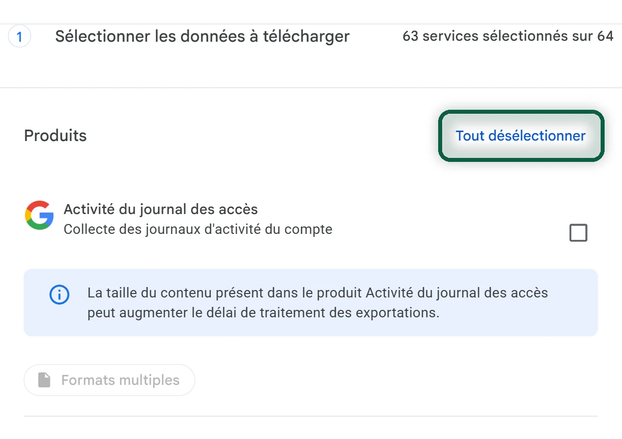 Bouton Tout désélectionner en haut de la liste des produits de Google Takeout