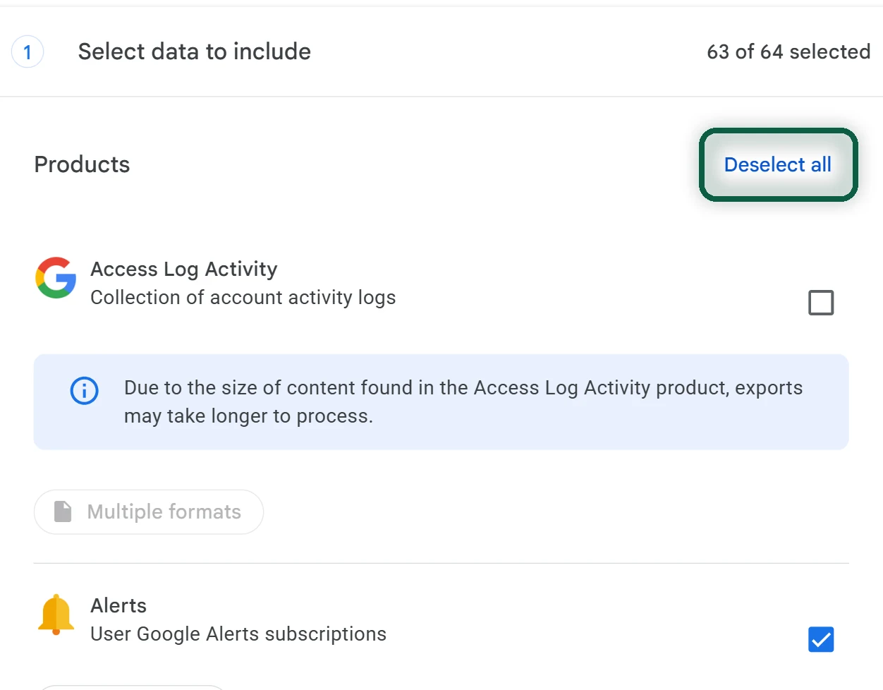 Click Deselect all at the top of the Google Takeout product list