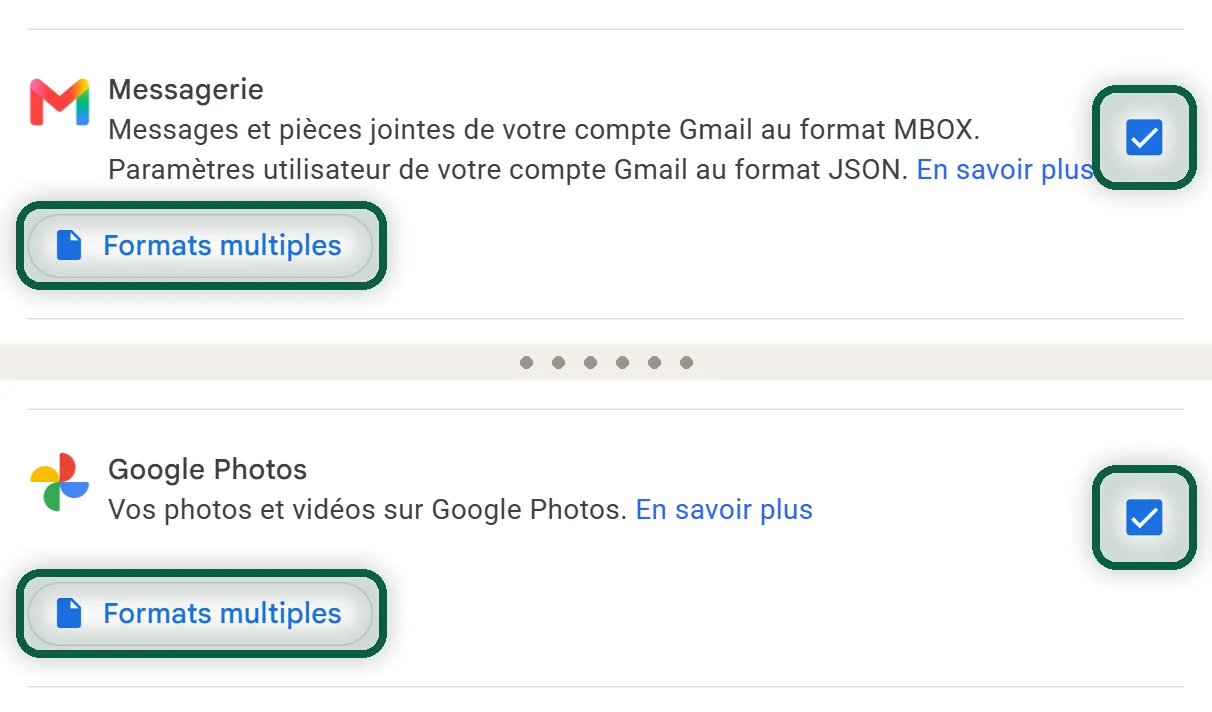 Liste des produits de Takeout avec Messagerie (Gmail) et Google Photos cochés, chaque ligne ne proposant plus que son bouton Formats multiples, mis en évidence