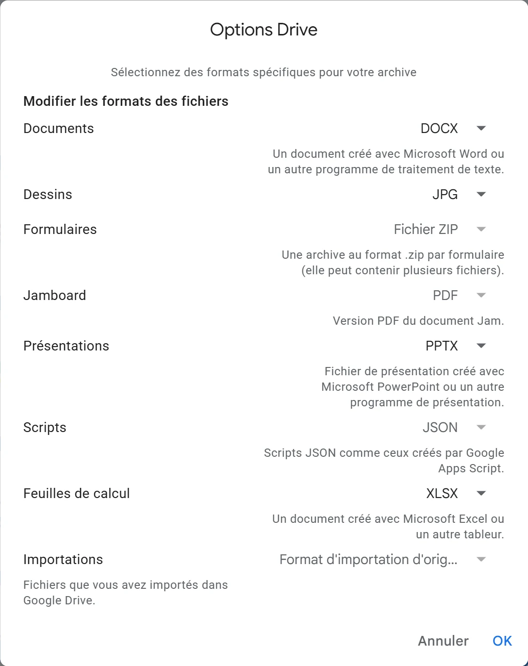 Ligne Drive de Google Takeout avec la fenêtre Formats multiples ouverte et DOCX, XLSX et PPTX choisis