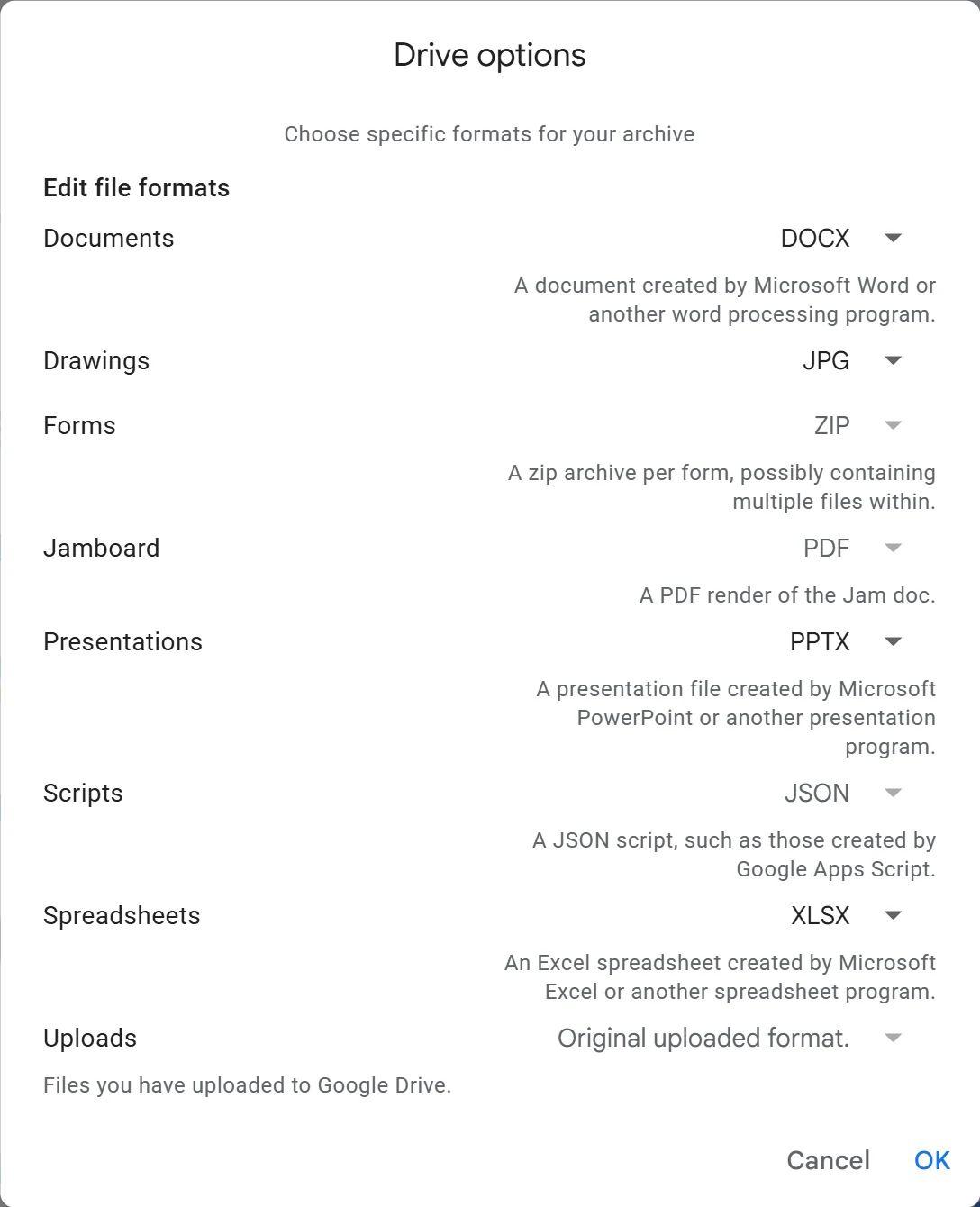 Takeout Drive row with the Multiple formats dialog open and the Docs, Sheets and Slides format dropdowns highlighted