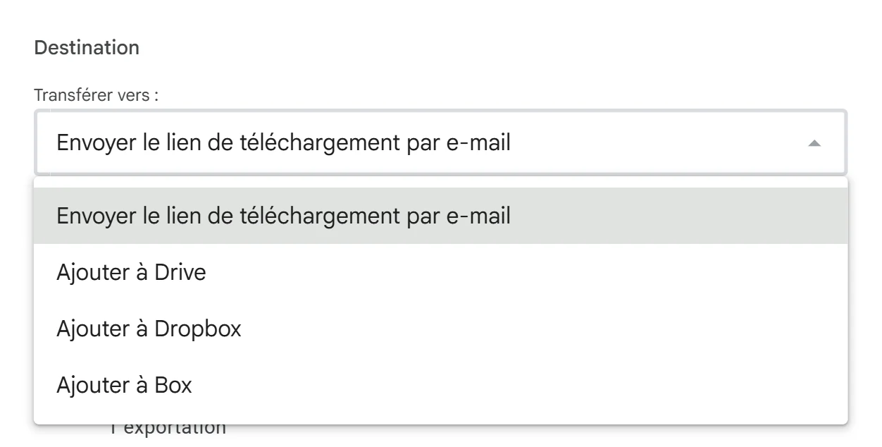 Étape du type de fichier, de la fréquence et de la destination, avec le menu Transférer vers ouvert sur ses quatre destinations