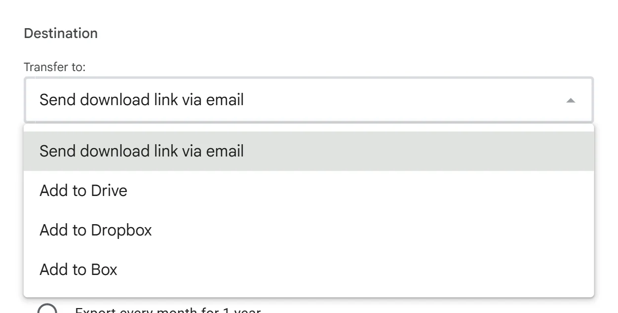 Choose file type, frequency and destination step, with the destination dropdown open showing all five options