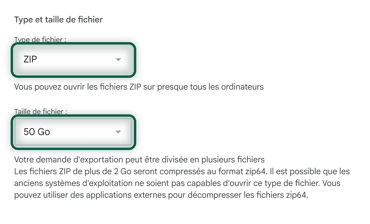Réglages Type de fichier et Taille de fichier avec ZIP et 50 Go mis en évidence, au-dessus de l'avertissement sur le format zip64 au-delà de 2 Go