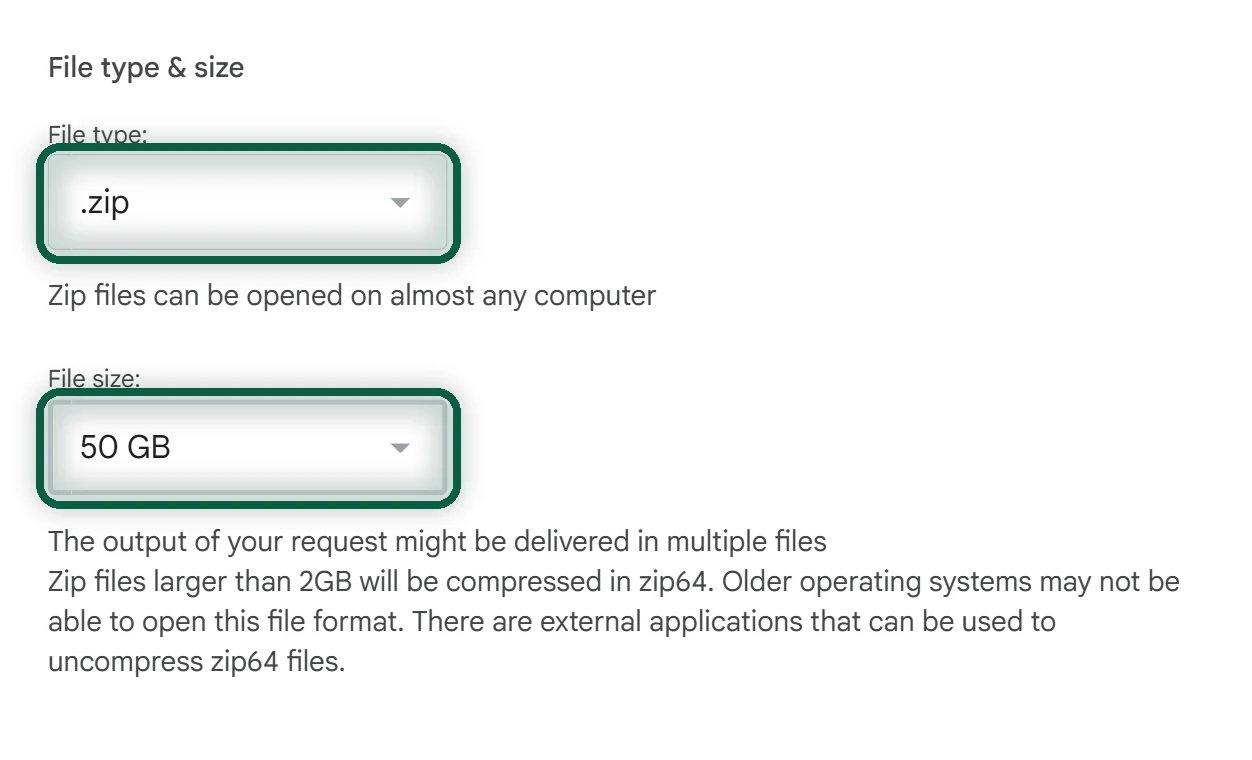 Step 2 of Takeout with the file type set to .zip and the size dropdown open on 50GB