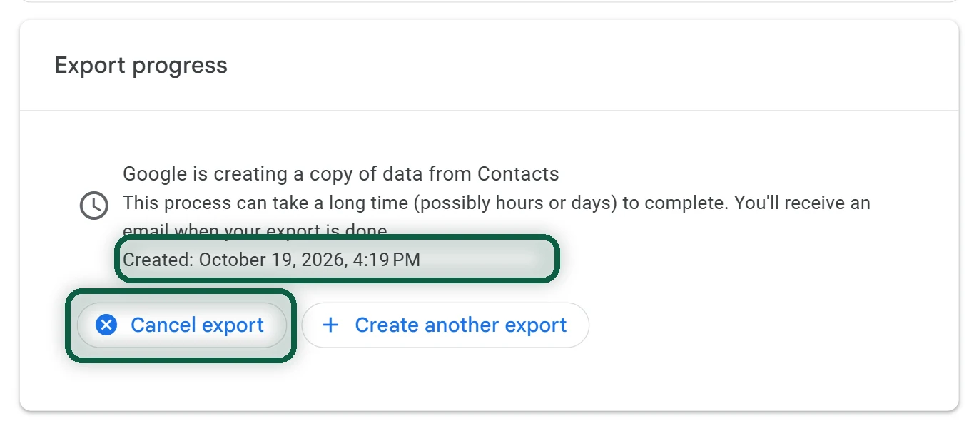takeout.google.com après la création, avec l'exportation en cours, sa date et l'option d'annulation. Une bulle rappelle que cela peut prendre de quelques heures à quelques jours